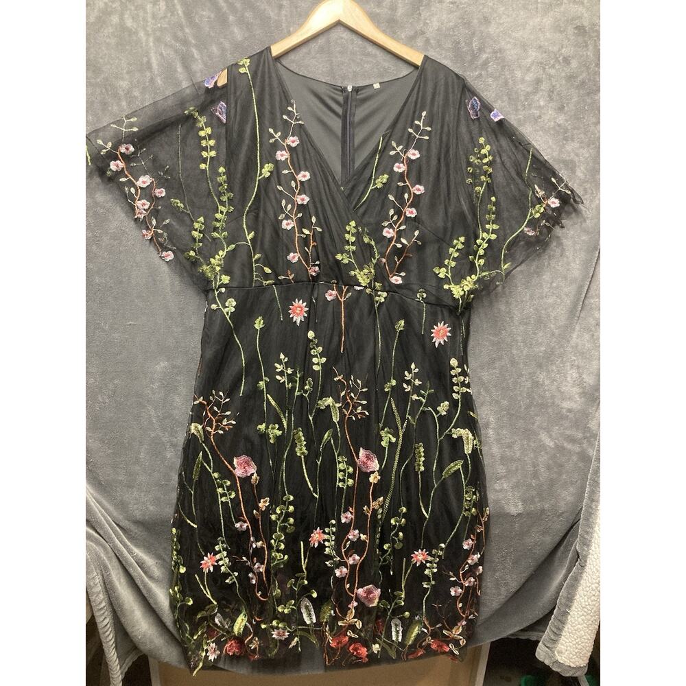 Whimsigoth Black Mesh Midi Dress Floral Embroidered Fairy Grunge Garden Party 2X